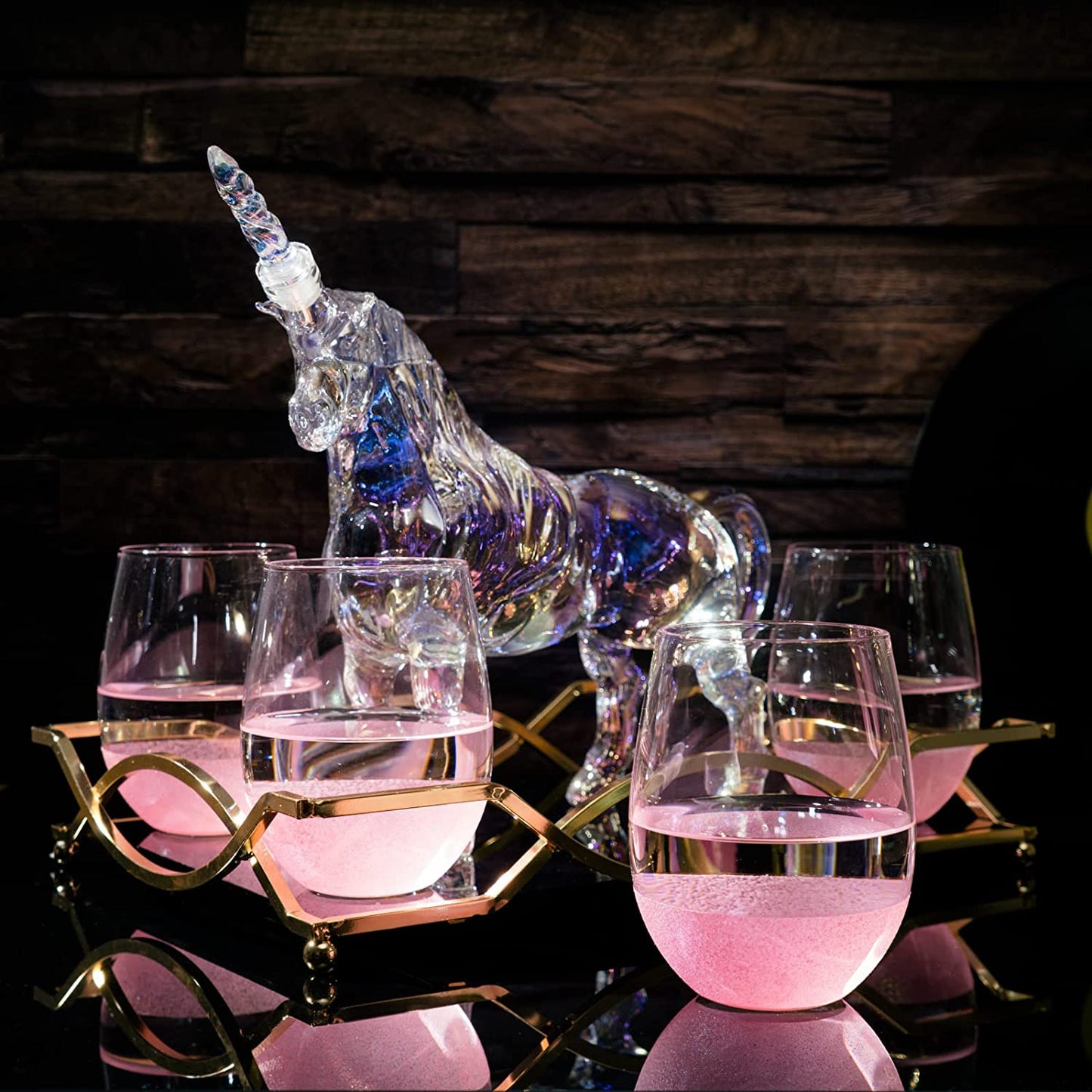 Iridescent Unicorn Wine Whiskey Decanter Set 750ml With 4 Pink Sparkle Glasses for Wine, Whiskey, Scotch, Tequila or Any Drink by The Wine Savant - Unicorn Gifts, Unicorn Lovers, 14" L, 10" W, 11" H
