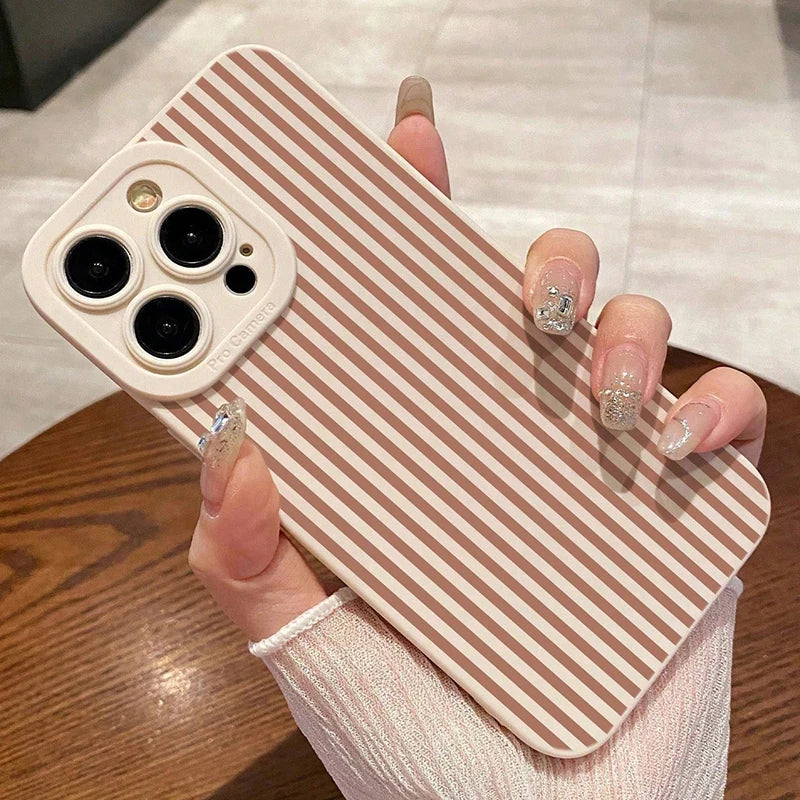 Pink Striped Painted Anti-Drop Phone Case For iPhone 11 12 13 14 15 16 17 Pro Max XS XR X 7 8 Plus 16E 17 Air Candy Bumper Cover