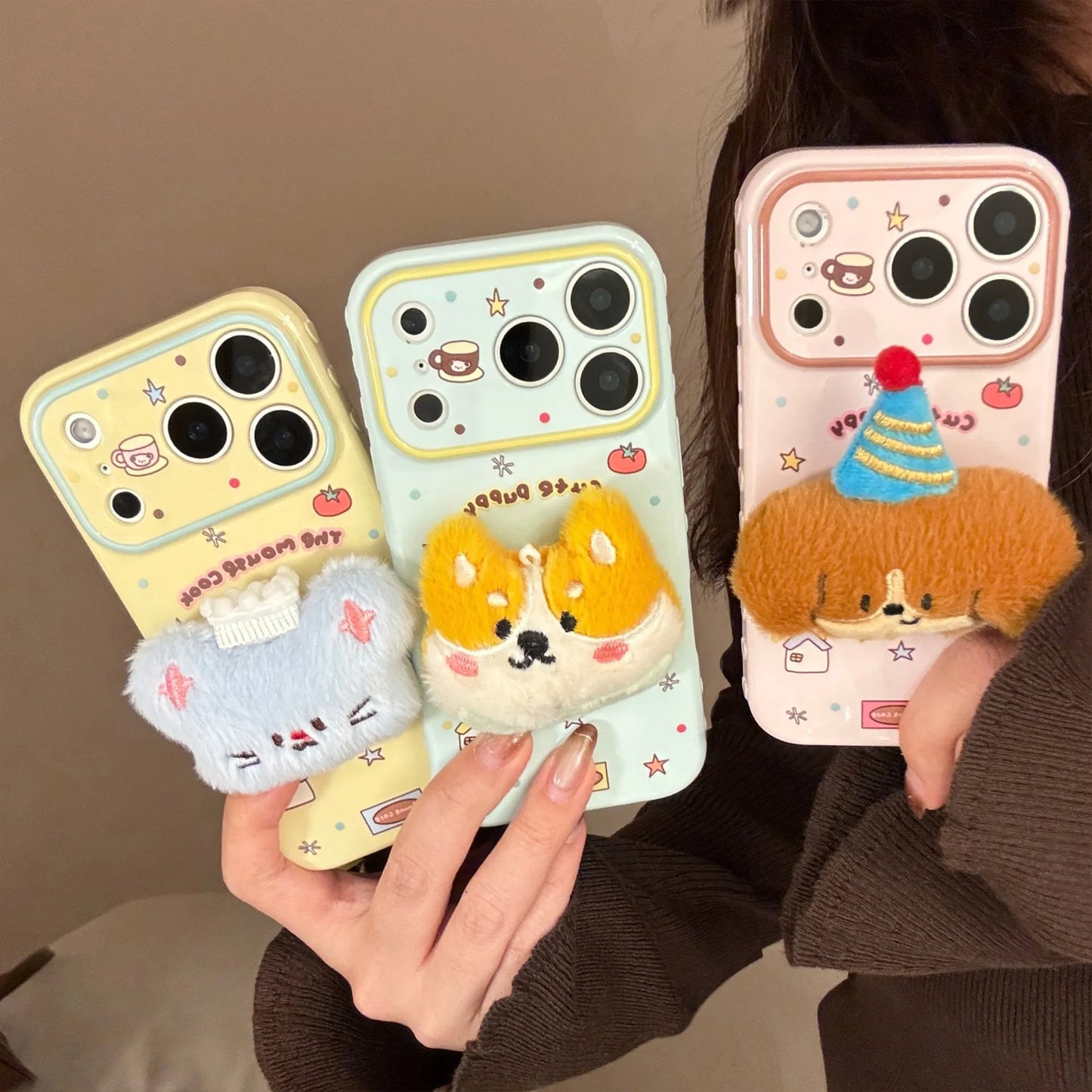 Korean Cartoon 3D Plush Animals Soft Phone Case For iPhone 17 16 15 14 13 12 Pro Max Candy Colors Shockproof Protective Cover