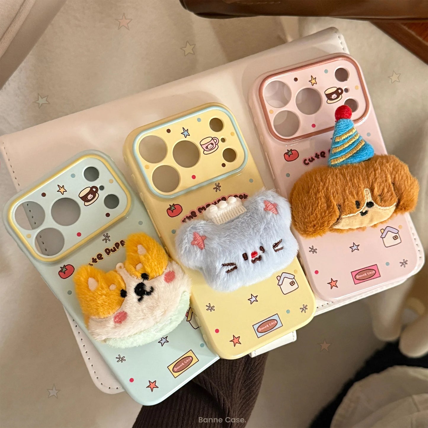 Korean Cartoon 3D Plush Animals Soft Phone Case For iPhone 17 16 15 14 13 12 Pro Max Candy Colors Shockproof Protective Cover