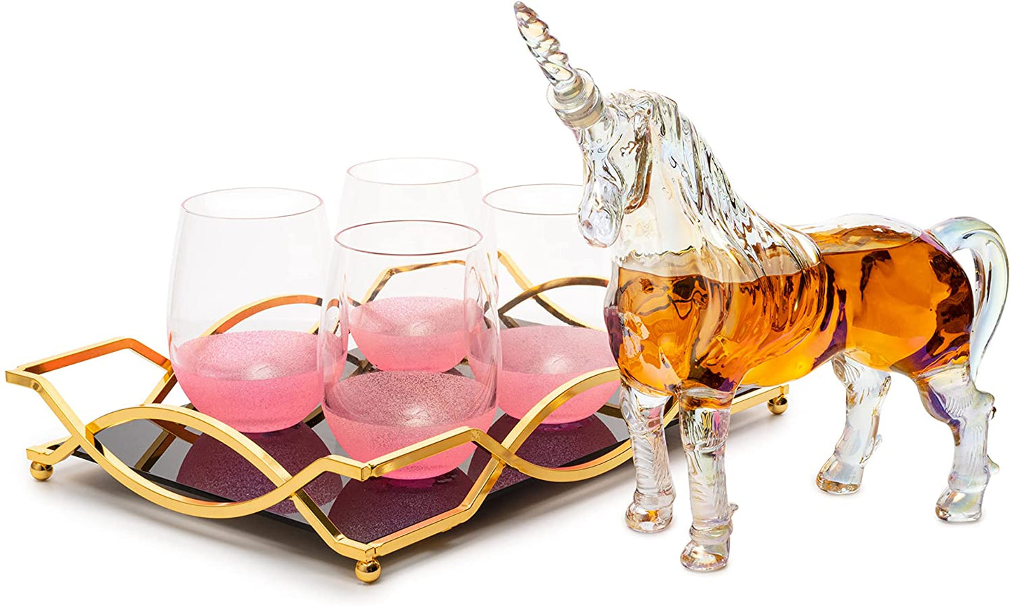 Iridescent Unicorn Wine Whiskey Decanter Set 750ml With 4 Pink Sparkle Glasses for Wine, Whiskey, Scotch, Tequila or Any Drink by The Wine Savant - Unicorn Gifts, Unicorn Lovers, 14" L, 10" W, 11" H