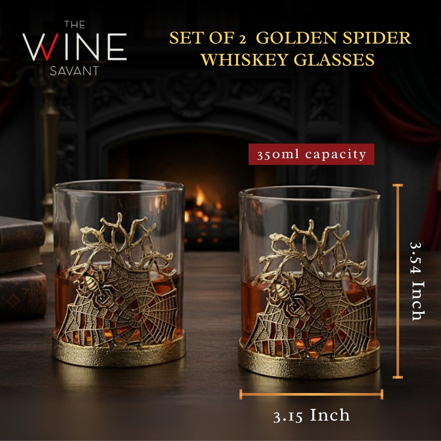 Golden Spider Whiskey Glasses Set of 2 Gothic Lowball Tumblers with Metal Web Design and Borosilicate Glass Unique Barware for Bourbon Scotch Halloween Decor Spooky Gift for Men Home Bar Collectors
