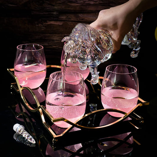 Iridescent Unicorn Wine Whiskey Decanter Set 750ml With 4 Pink Sparkle Glasses for Wine, Whiskey, Scotch, Tequila or Any Drink by The Wine Savant - Unicorn Gifts, Unicorn Lovers, 14" L, 10" W, 11" H