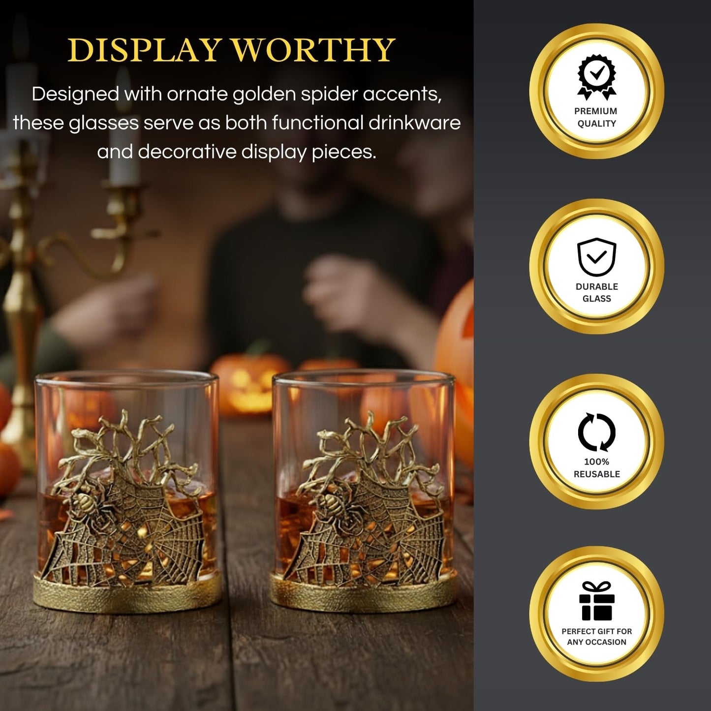 Golden Spider Whiskey Glasses Set of 2 Gothic Lowball Tumblers with Metal Web Design and Borosilicate Glass Unique Barware for Bourbon Scotch Halloween Decor Spooky Gift for Men Home Bar Collectors