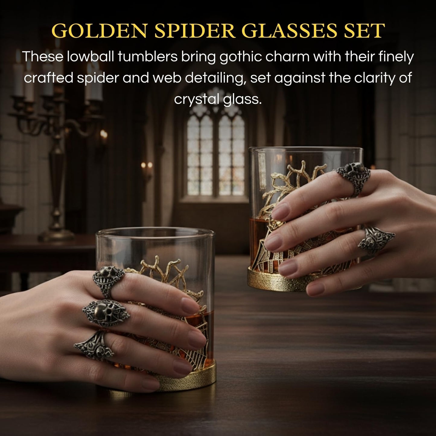 Golden Spider Whiskey Glasses Set of 2 Gothic Lowball Tumblers with Metal Web Design and Borosilicate Glass Unique Barware for Bourbon Scotch Halloween Decor Spooky Gift for Men Home Bar Collectors