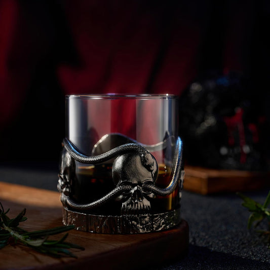 Skull & Snake Pewter Whiskey, Wine, Beer & Water Drinking Glass -12.5oz Set of 2- Water, Rum, Brandy & Scotch Glass, Elegant, Spooky Crystal Cup, Gifts for Men & Women, Old Fashioned Glass