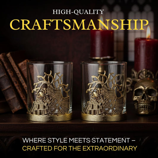Golden Spider Whiskey Glasses Set of 2 Gothic Lowball Tumblers with Metal Web Design and Borosilicate Glass Unique Barware for Bourbon Scotch Halloween Decor Spooky Gift for Men Home Bar Collectors