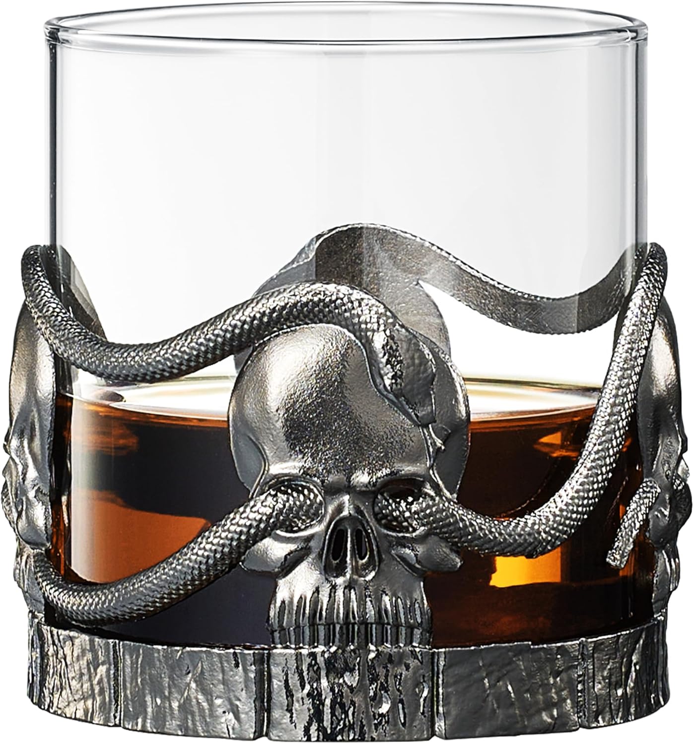 Skull & Snake Pewter Whiskey, Wine, Beer & Water Drinking Glass -12.5oz Set of 2- Water, Rum, Brandy & Scotch Glass, Elegant, Spooky Crystal Cup, Gifts for Men & Women, Old Fashioned Glass