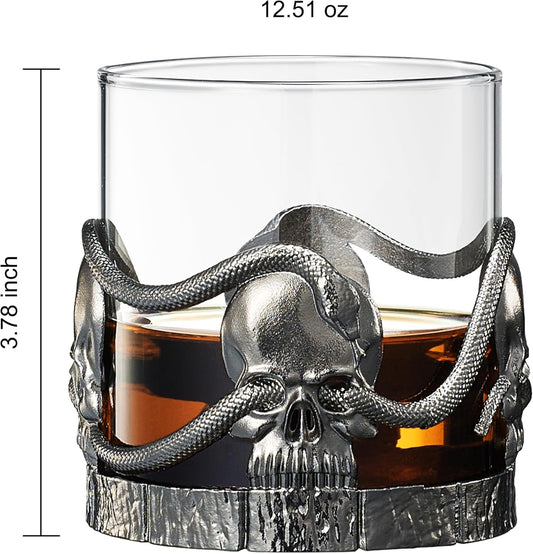 Skull & Snake Pewter Whiskey, Wine, Beer & Water Drinking Glass -12.5oz Set of 2- Water, Rum, Brandy & Scotch Glass, Elegant, Spooky Crystal Cup, Gifts for Men & Women, Old Fashioned Glass