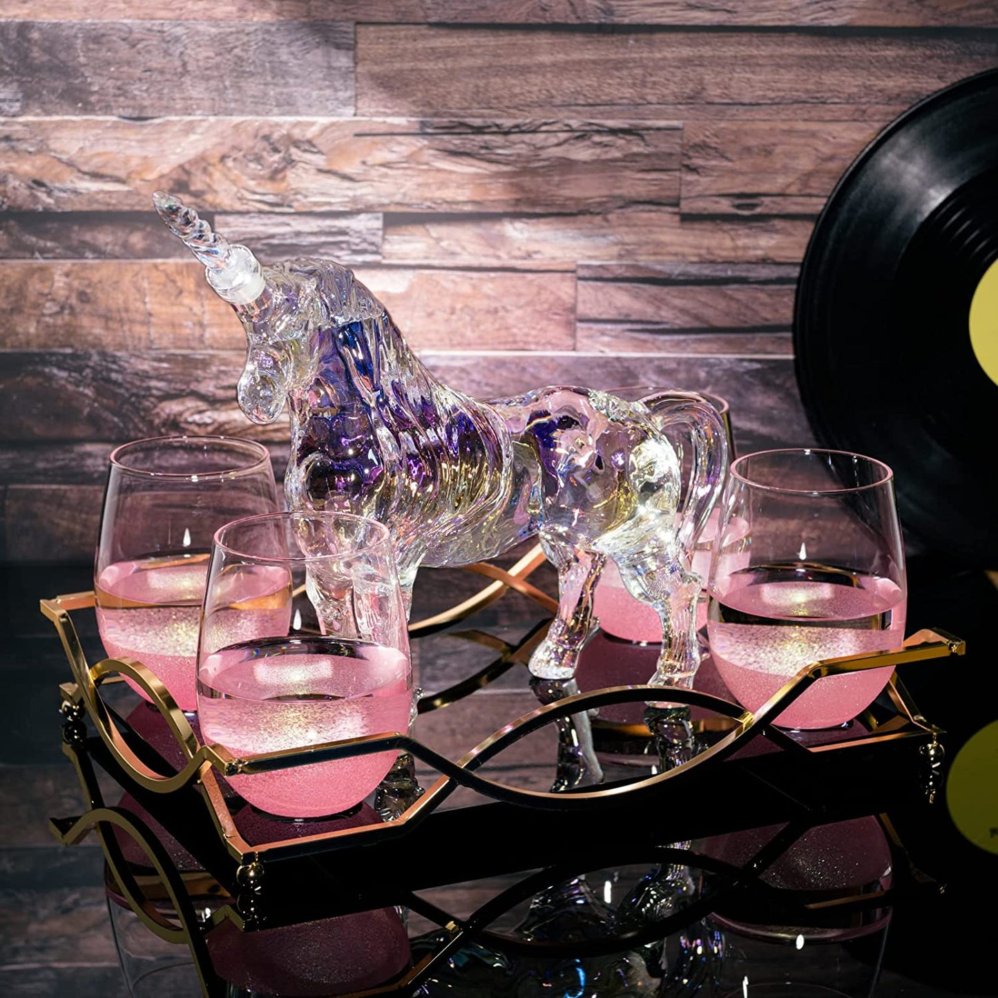 Iridescent Unicorn Wine Whiskey Decanter Set 750ml With 4 Pink Sparkle Glasses for Wine, Whiskey, Scotch, Tequila or Any Drink by The Wine Savant - Unicorn Gifts, Unicorn Lovers, 14" L, 10" W, 11" H