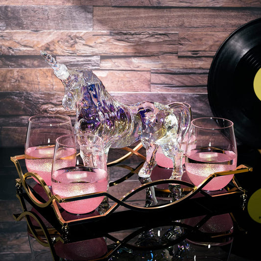 Iridescent Unicorn Wine Whiskey Decanter Set 750ml With 4 Pink Sparkle Glasses for Wine, Whiskey, Scotch, Tequila or Any Drink by The Wine Savant - Unicorn Gifts, Unicorn Lovers, 14" L, 10" W, 11" H
