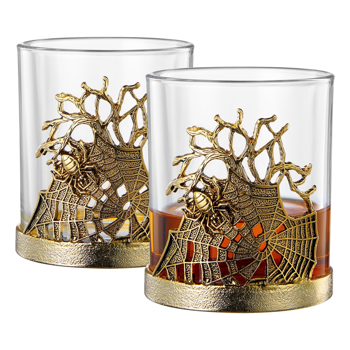 Golden Spider Whiskey Glasses Set of 2 Gothic Lowball Tumblers with Metal Web Design and Borosilicate Glass Unique Barware for Bourbon Scotch Halloween Decor Spooky Gift for Men Home Bar Collectors