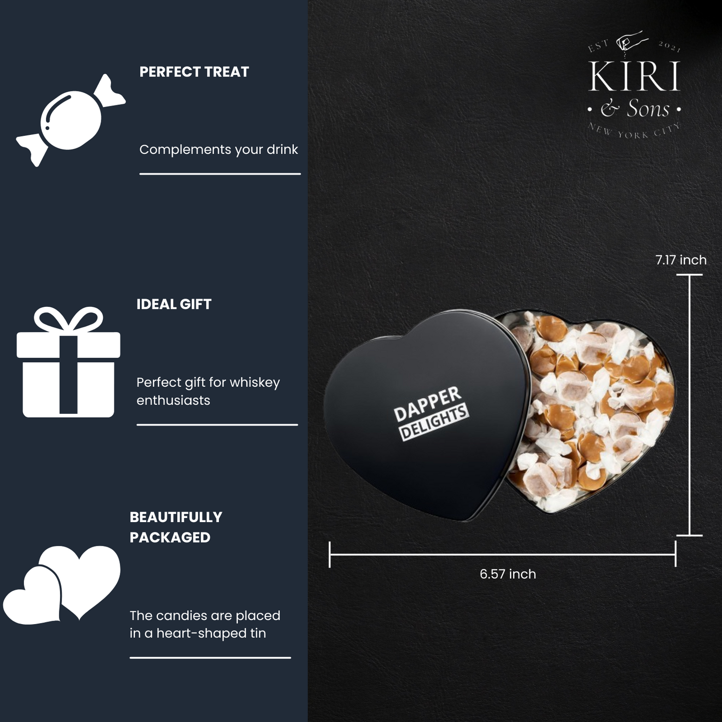 Valentines Day Gift Scotch Whiskey Caramels - Heart Tin - Him & Her, Premium Salted Caramel, Valentine Chocolate Candy Dapper Delights Gourmet Collection, Love Basket for Men, Boyfriend, Husband, Dad