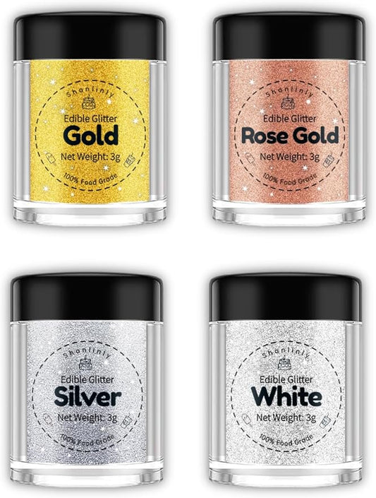 Edible Glitter Luster Dust - Food Grade - Edible, Set of 4 Colors, 3 grams - Glitter for Cocktails, Cake Decorating, Macaron, Candy, Icing Cream, Cookies, Chocolates, Fondant Pops - Halal, Vegan, Gluten-Free, Dairy-Free