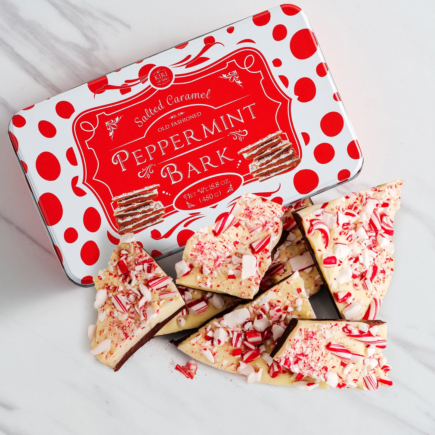 Handmade Layered Salted Caramel Dark & White Chocolate Peppermint Bark - 1Lb Holiday Bark Squares - Christmas & Winter Candy, Sweets Gift Tin, Old Fashioned Treat, Stocking Stuffer