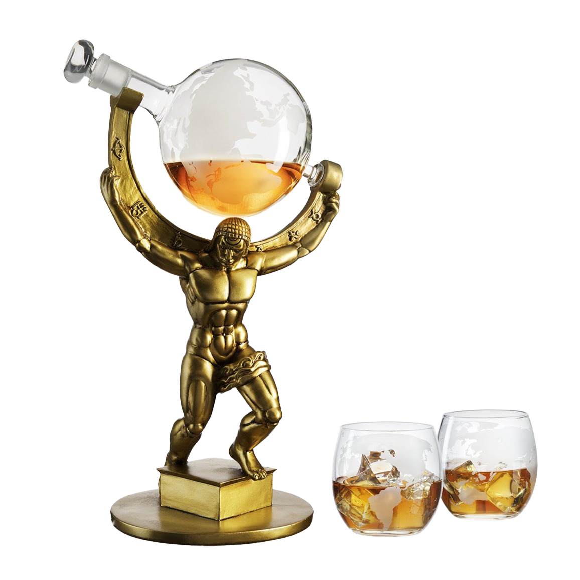 Atlas Bronze World Globe Whiskey Decanter Set - 15" Tall - With 2 World Glasses - For Whiskey, Scotch, Bourbon, Cognac and Brandy - 1000ml - By The Wine Savant - Atlas Decanter Whiskey