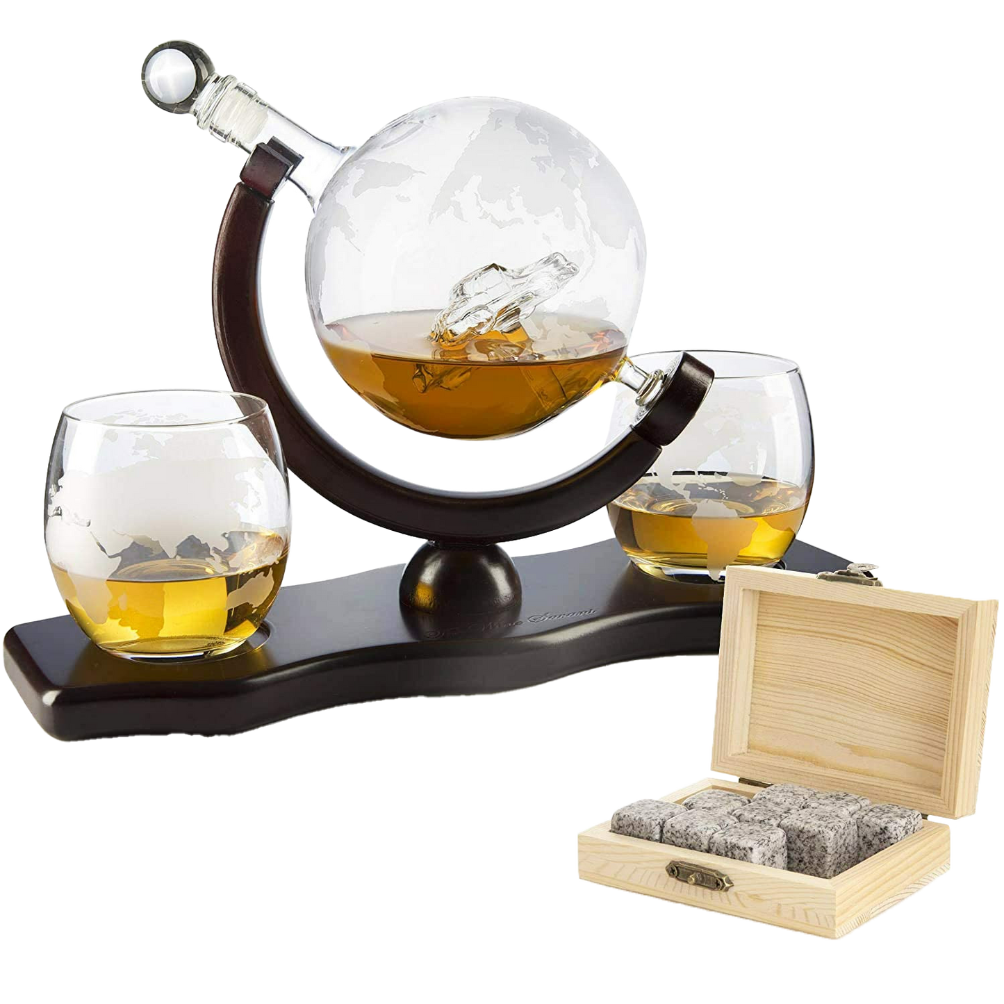 The Wine Savant Globe Car Whiskey Decanter - With 2 Globe Glasses, Includes Whiskey Stones For Whiskey, Scotch, Bourbon or Wine Matching Globe Glasses, HOME BAR DECOR Clear