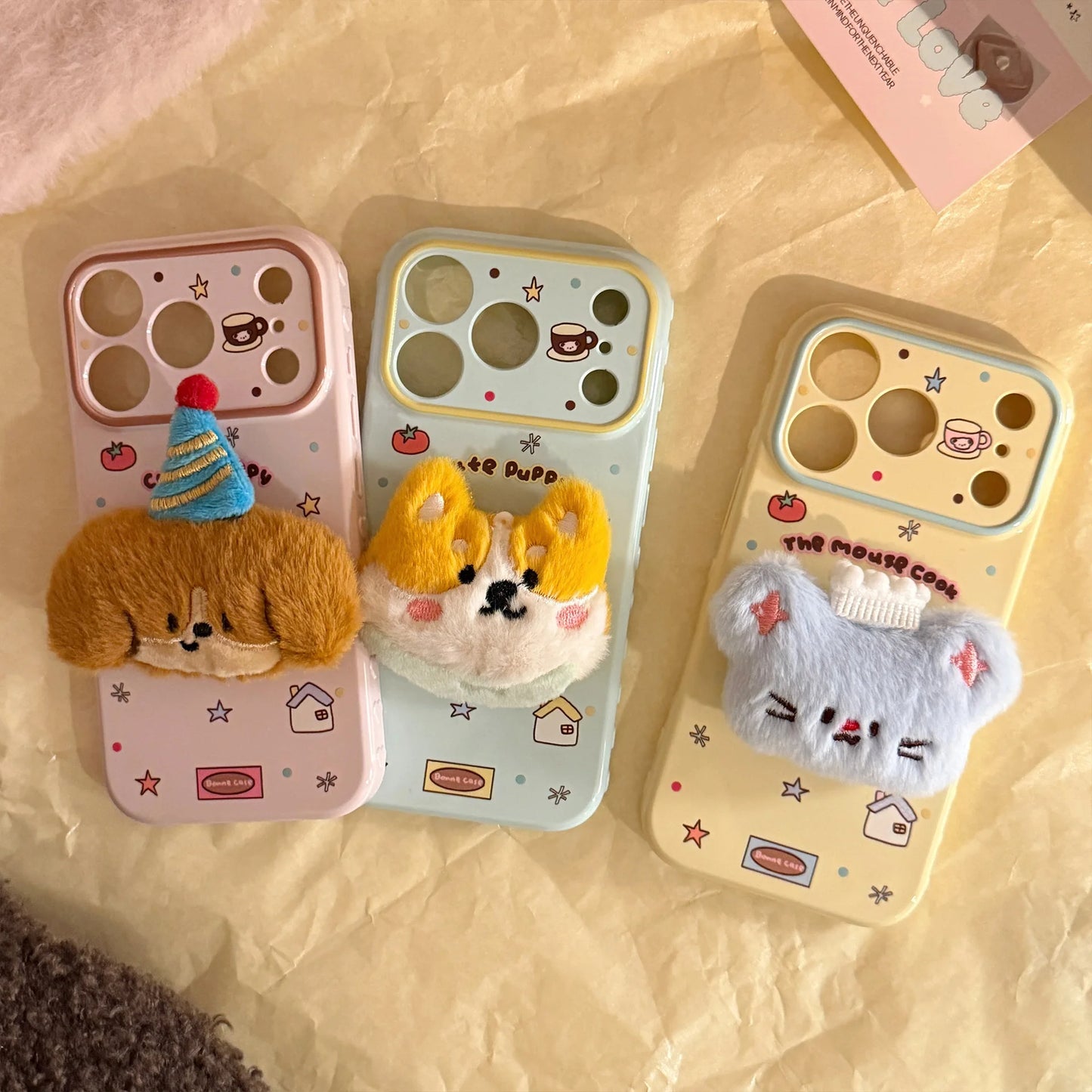 Korean Cartoon 3D Plush Animals Soft Phone Case For iPhone 17 16 15 14 13 12 Pro Max Candy Colors Shockproof Protective Cover