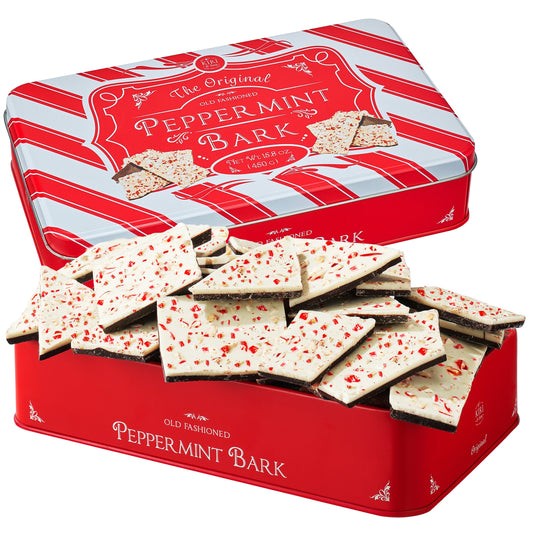 Handmade Layered Original Dark and White Chocolate Peppermint Bark - 1Lb Holiday Bark Assorted Squares - Christmas & Winter Candy, Sweets Gift Tin, Old Fashioned Treat, Stocking Stuffer