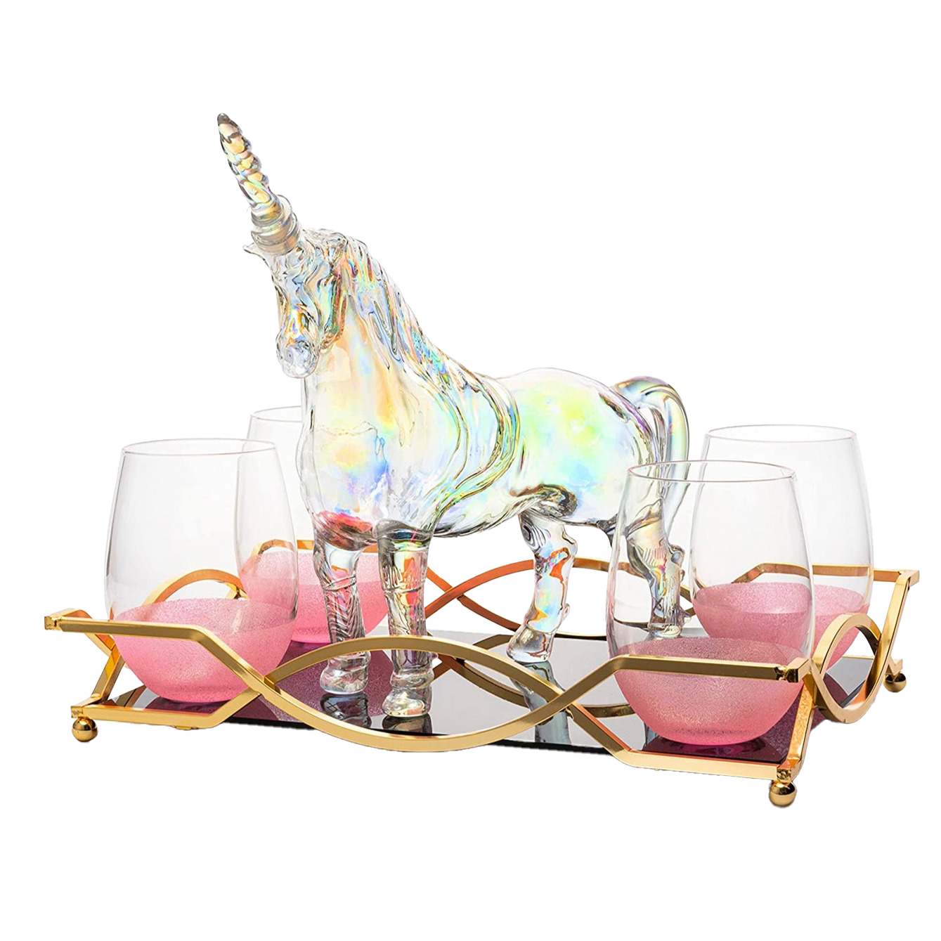 Iridescent Unicorn Wine Whiskey Decanter Set 750ml With 4 Pink Sparkle Glasses for Wine, Whiskey, Scotch, Tequila or Any Drink by The Wine Savant - Unicorn Gifts, Unicorn Lovers, 14" L, 10" W, 11" H